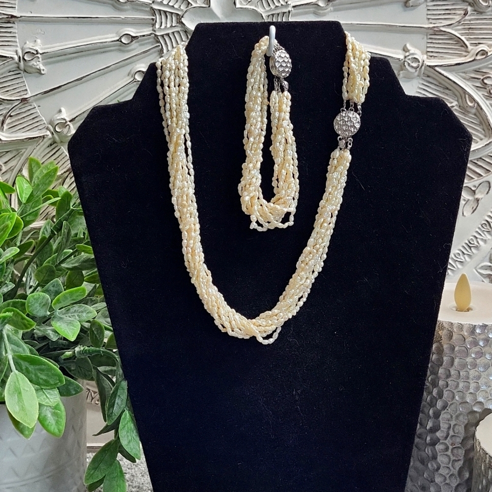 Vintage Multi Strand Seed Pearl Necklace & Bracelet Set W/G Silver Clasps